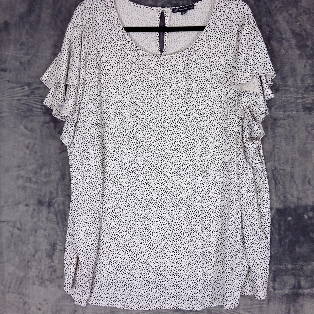 Adrianna Papell Blouse Womens 2X White Black Flutter Sleeve Scoop Neck Tunic Top